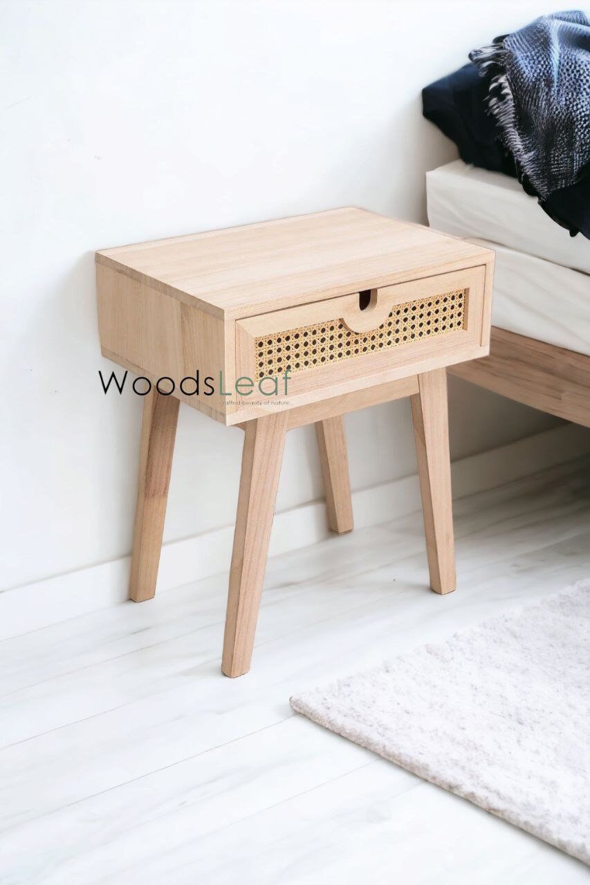 Table de chevet en canne naturelle faite à la main, tiroir en bois, décoration de maison, bois de manguier, finition naturelle, meubles indiens, table de chevet