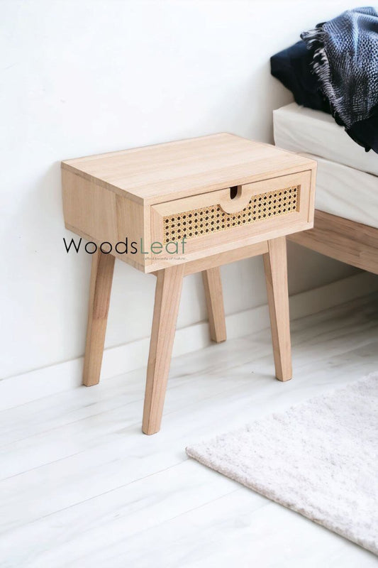 Table de chevet en canne naturelle faite à la main, tiroir en bois, décoration de maison, bois de manguier, finition naturelle, meubles indiens, table de chevet