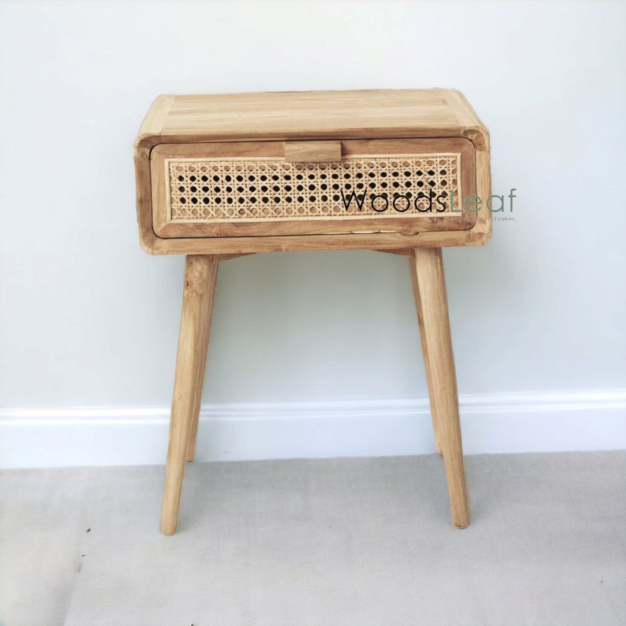 Table de chevet en canne naturelle faite à la main, tiroir en bois, décoration de maison, bois de manguier, finition naturelle, meubles indiens, table de chevet