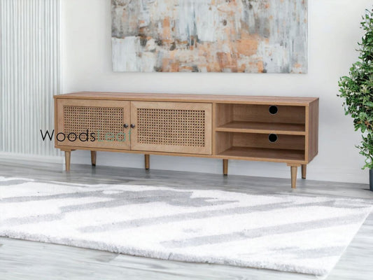 Console de télévision en canne naturelle faite à la main, porte en bois, décoration intérieure en bois de manguier, finition naturelle, meubles indiens/Tvc/unité TV