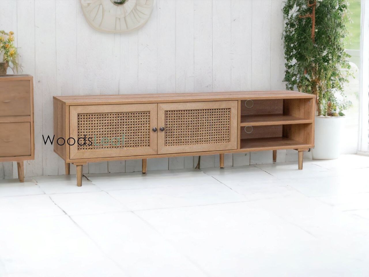 Console de télévision en canne naturelle faite à la main, porte en bois, décoration intérieure en bois de manguier, finition naturelle, meubles indiens/Tvc/unité TV