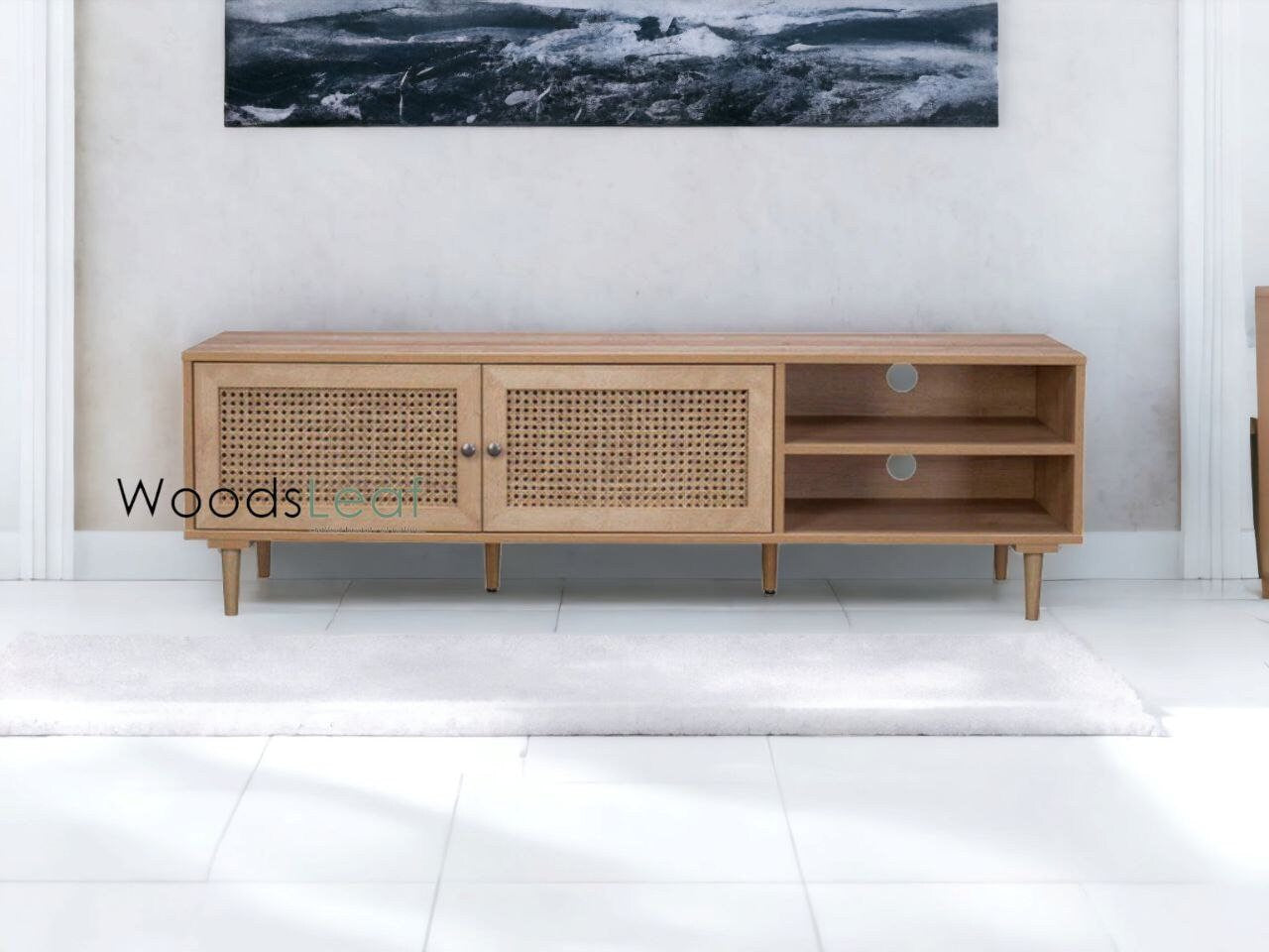 Console de télévision en canne naturelle faite à la main, porte en bois, décoration intérieure en bois de manguier, finition naturelle, meubles indiens/Tvc/unité TV
