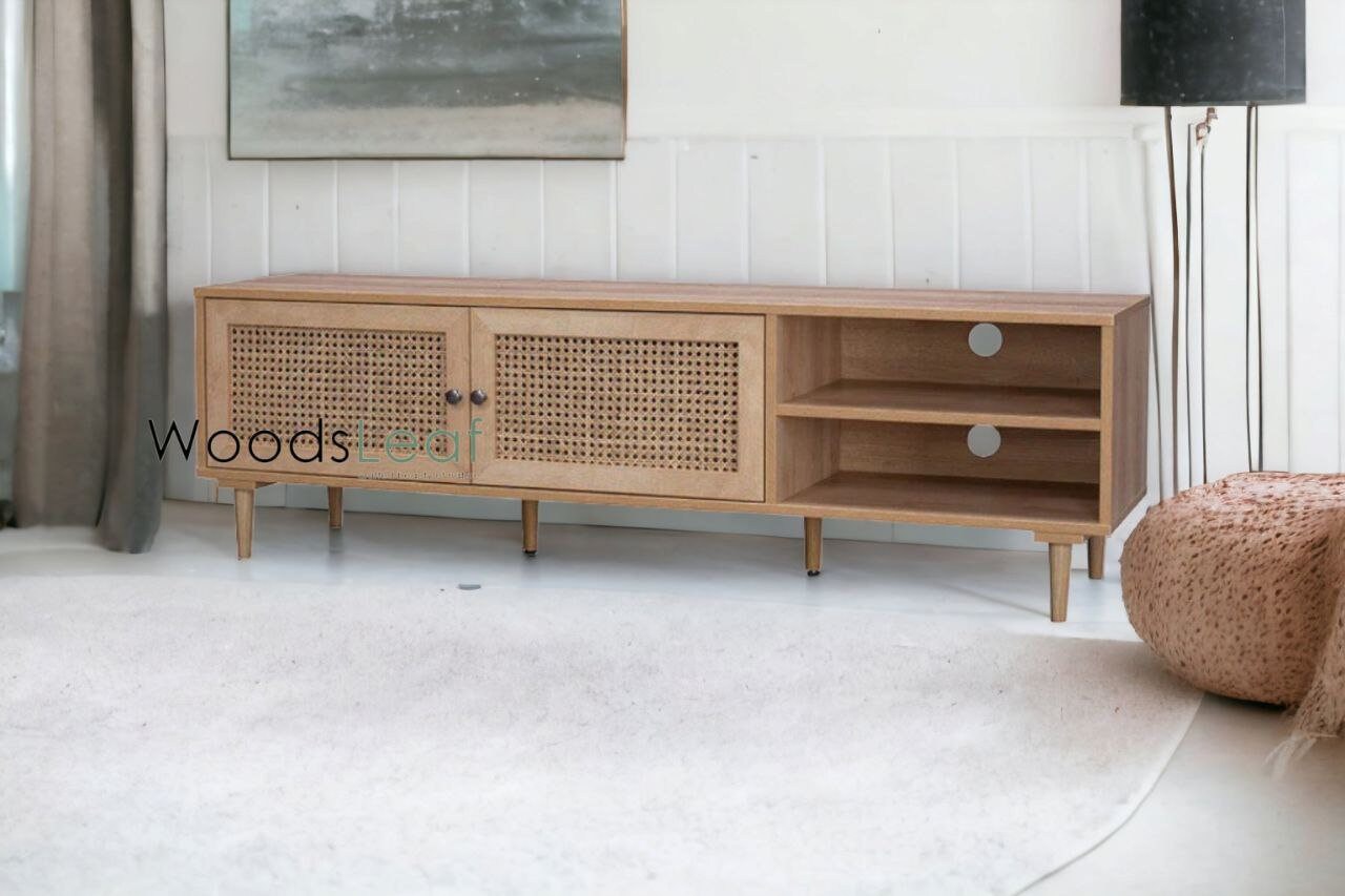 Console de télévision en canne naturelle faite à la main, porte en bois, décoration intérieure en bois de manguier, finition naturelle, meubles indiens/Tvc/unité TV