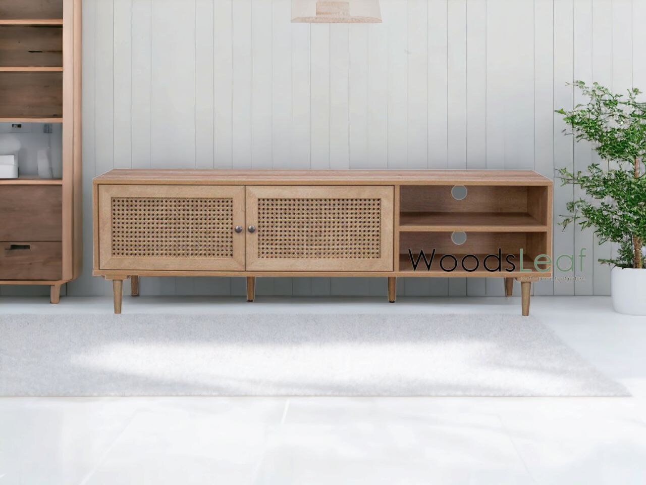 Console de télévision en canne naturelle faite à la main, porte en bois, décoration intérieure en bois de manguier, finition naturelle, meubles indiens/Tvc/unité TV