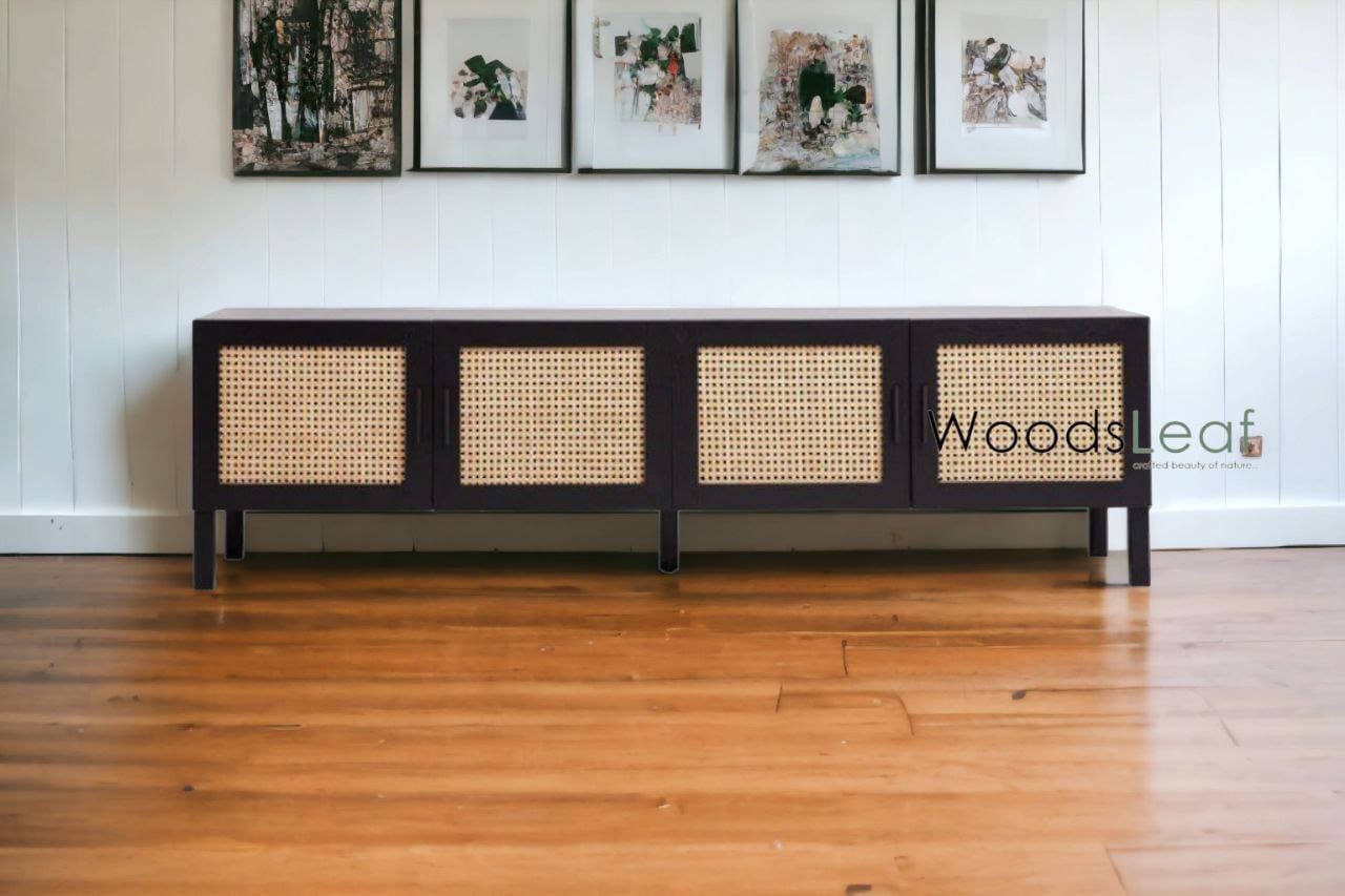 Console de télévision en canne naturelle faite à la main, porte en bois, décoration d'intérieur, bois de manguier, finition noire, meubles indiens/Tvc/unité TV