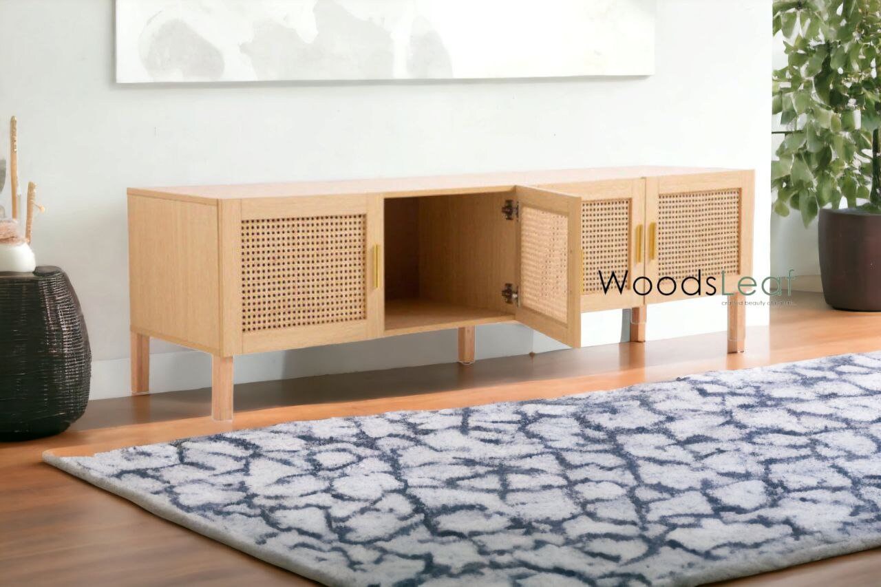 Console de télévision en canne naturelle faite à la main, porte en bois, décoration d'intérieur, bois de manguier, finition noire, meubles indiens/Tvc/unité TV