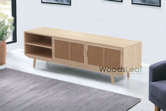 Console de télévision en canne naturelle faite à la main, porte en bois, décoration intérieure en bois de manguier, finition naturelle, meubles indiens/Tvc/unité TV
