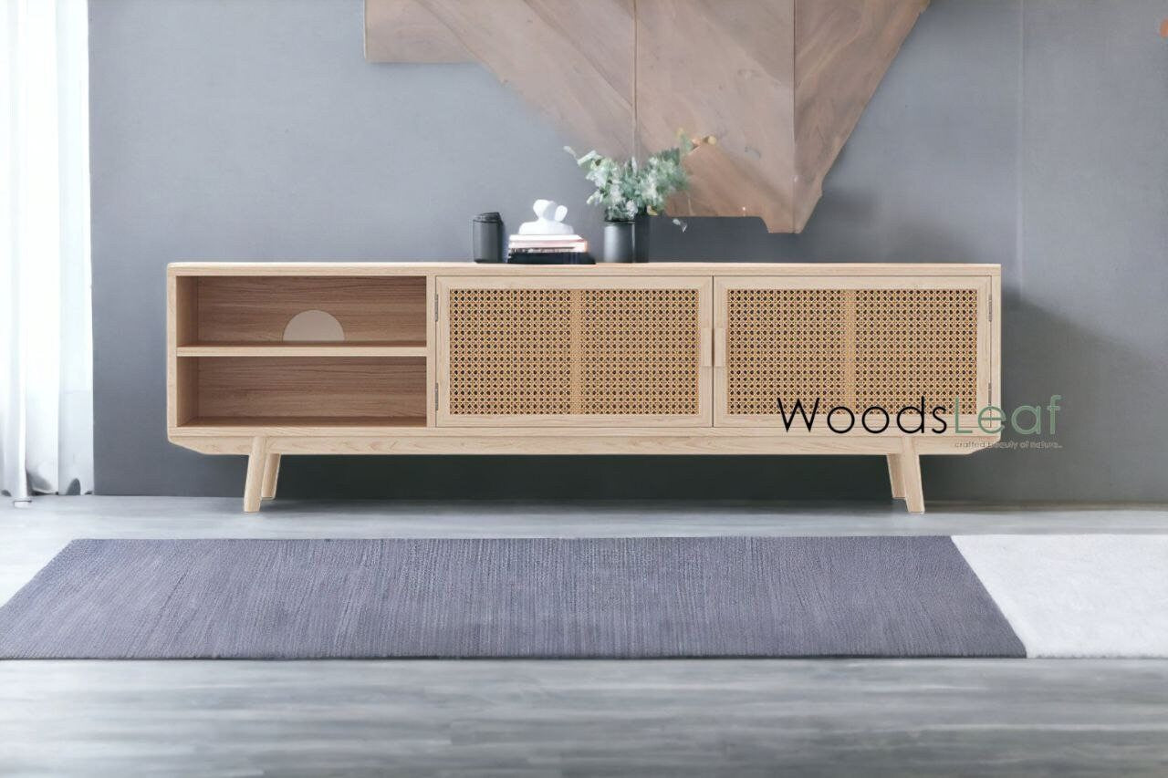Console de télévision en canne naturelle faite à la main, porte en bois, décoration intérieure en bois de manguier, finition naturelle, meubles indiens/Tvc/unité TV