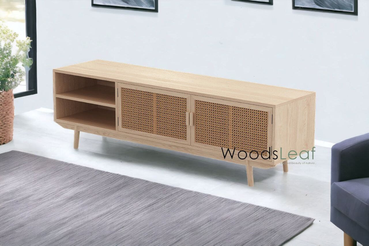 Console de télévision en canne naturelle faite à la main, porte en bois, décoration intérieure en bois de manguier, finition naturelle, meubles indiens/Tvc/unité TV