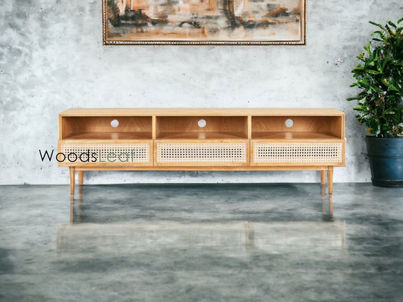 Console de télévision en canne naturelle faite à la main, porte en bois, décoration intérieure en bois de manguier, finition naturelle, meubles indiens/Tvc/unité TV