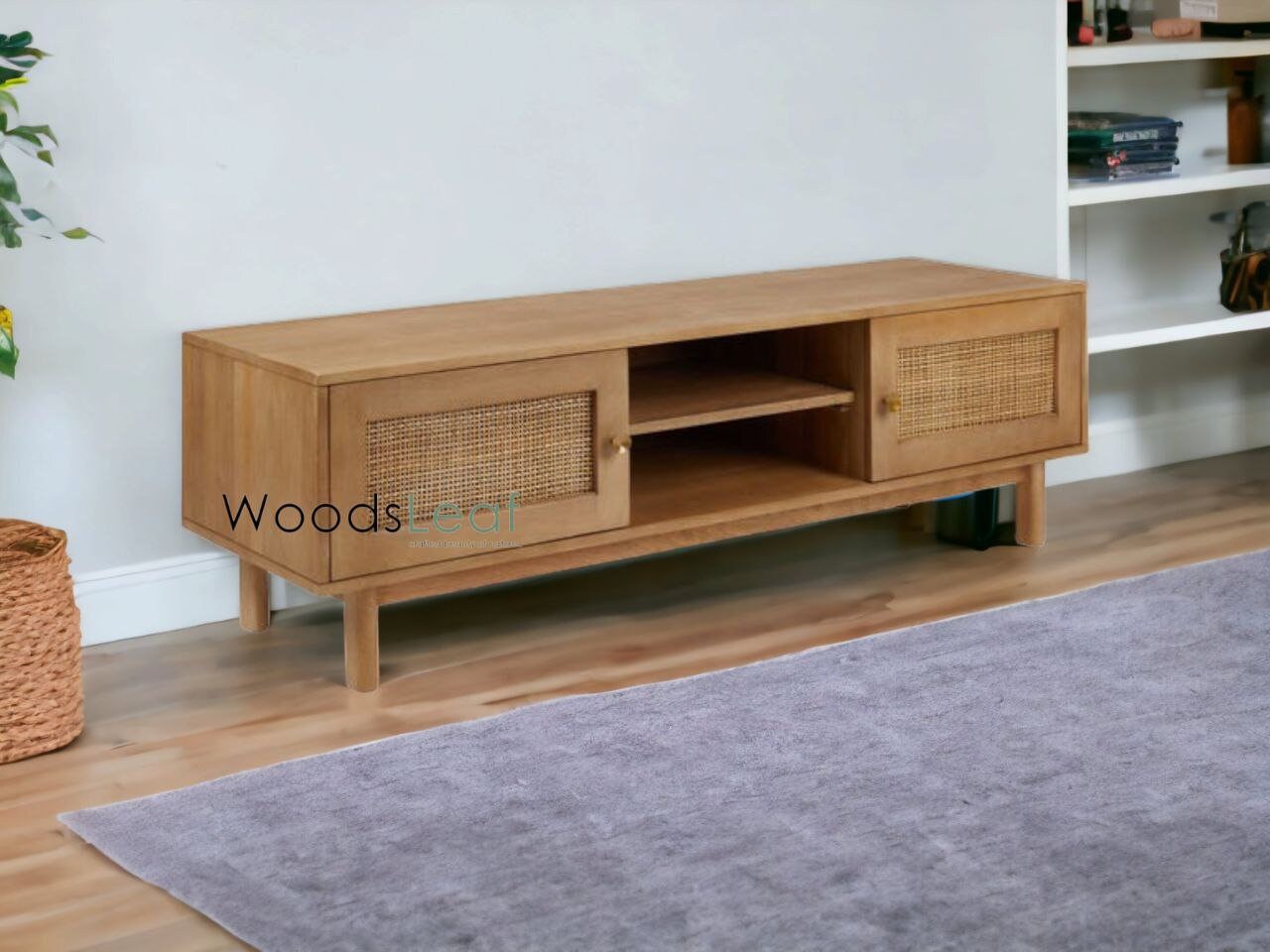 Console de télévision en canne naturelle faite à la main, porte en bois, décoration intérieure en bois de manguier, finition naturelle, meubles indiens/Tvc/unité TV