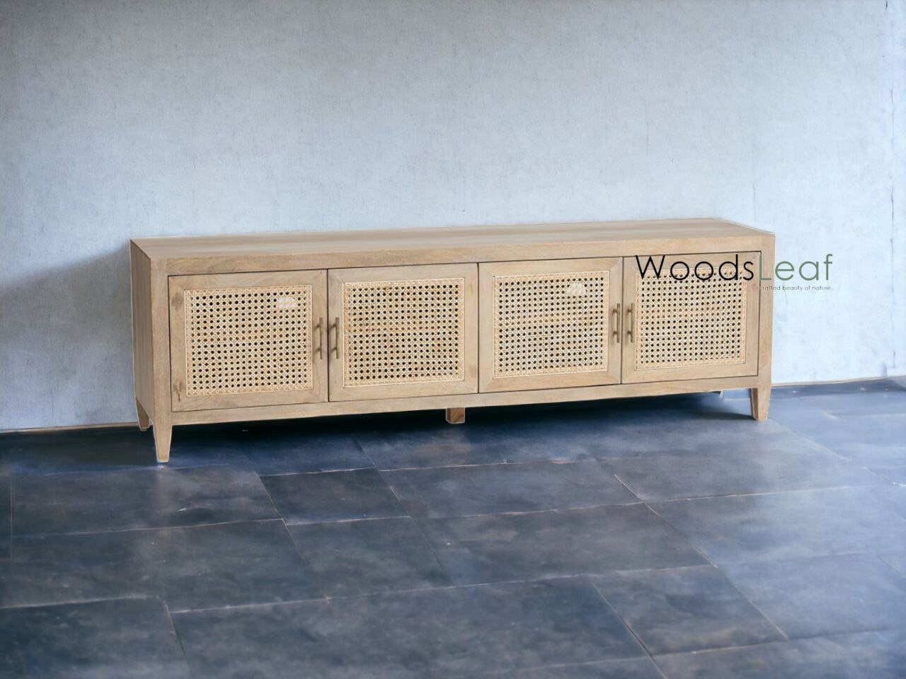 Console de télévision en canne naturelle faite à la main, porte en bois, décoration intérieure en bois de manguier, finition naturelle, meubles indiens/Tvc/unité TV