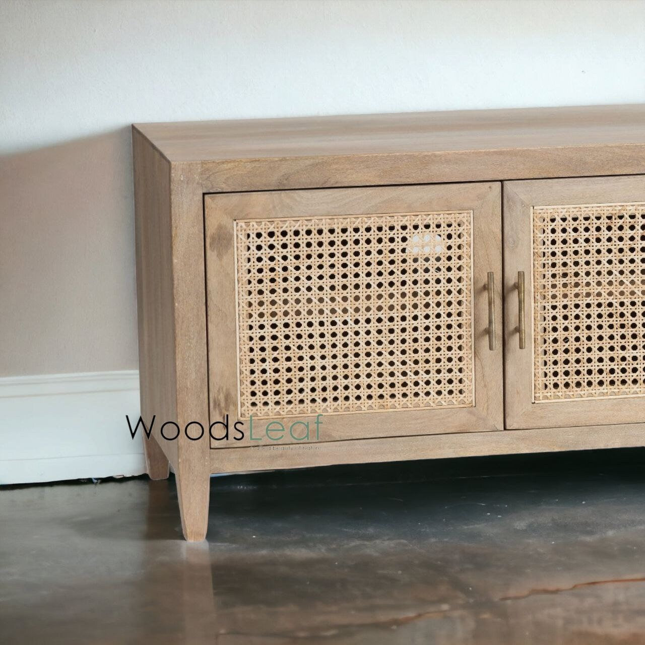 Console de télévision en canne naturelle faite à la main, porte en bois, décoration intérieure en bois de manguier, finition naturelle, meubles indiens/Tvc/unité TV