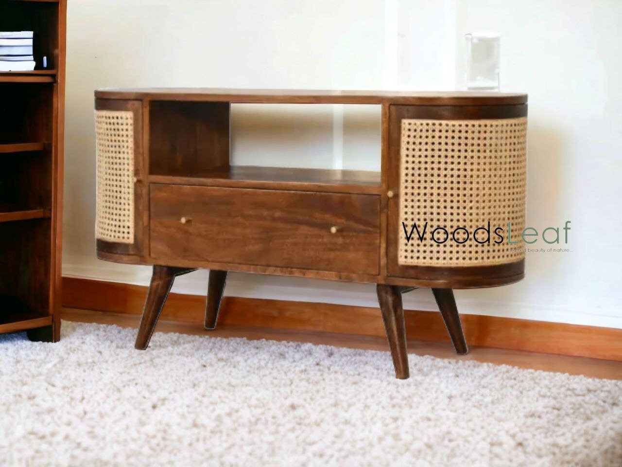 Console de télévision en canne naturelle faite à la main, porte en bois, décoration intérieure en bois de manguier, finition naturelle, meubles indiens/Tvc/unité TV