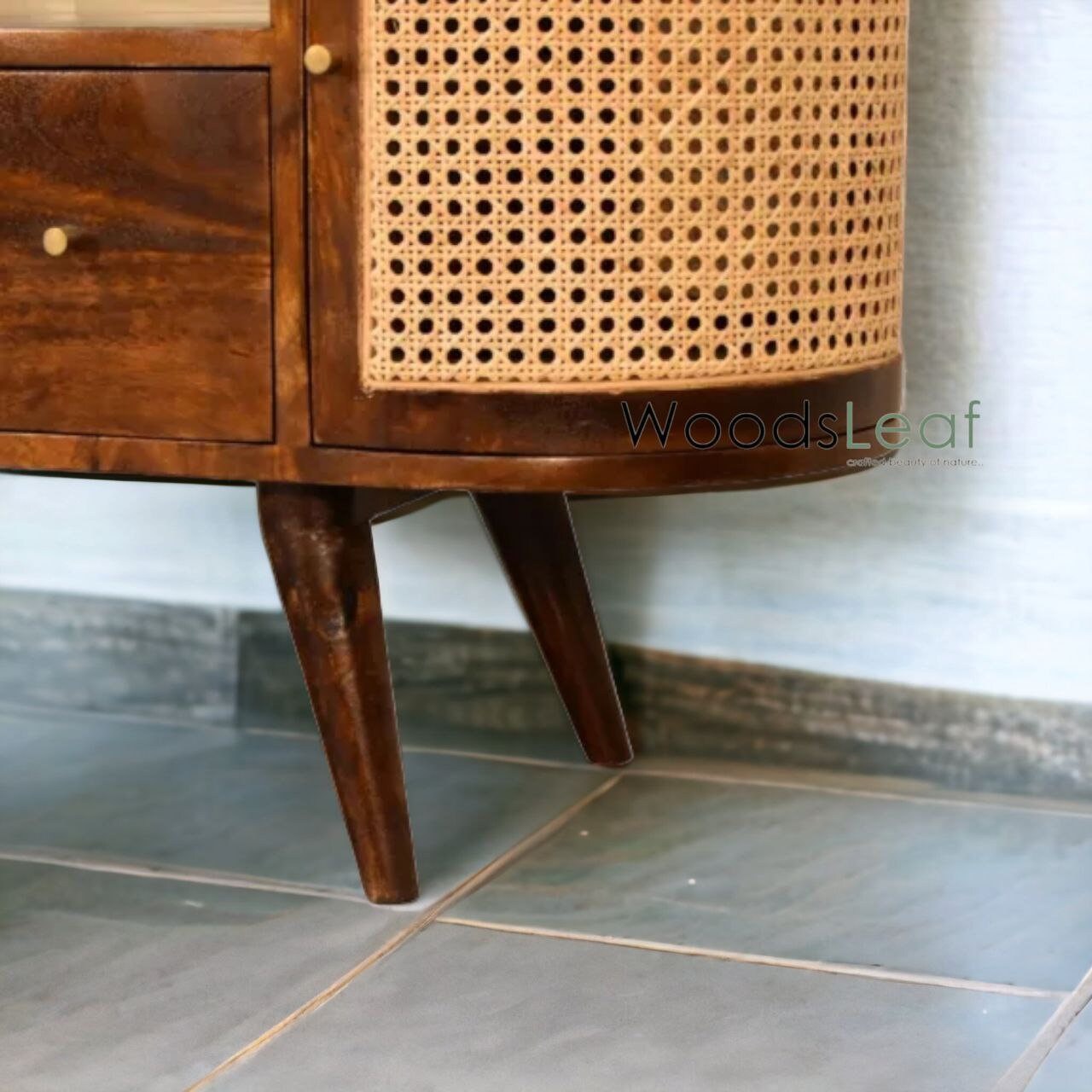 Console de télévision en canne naturelle faite à la main, porte en bois, décoration intérieure en bois de manguier, finition naturelle, meubles indiens/Tvc/unité TV
