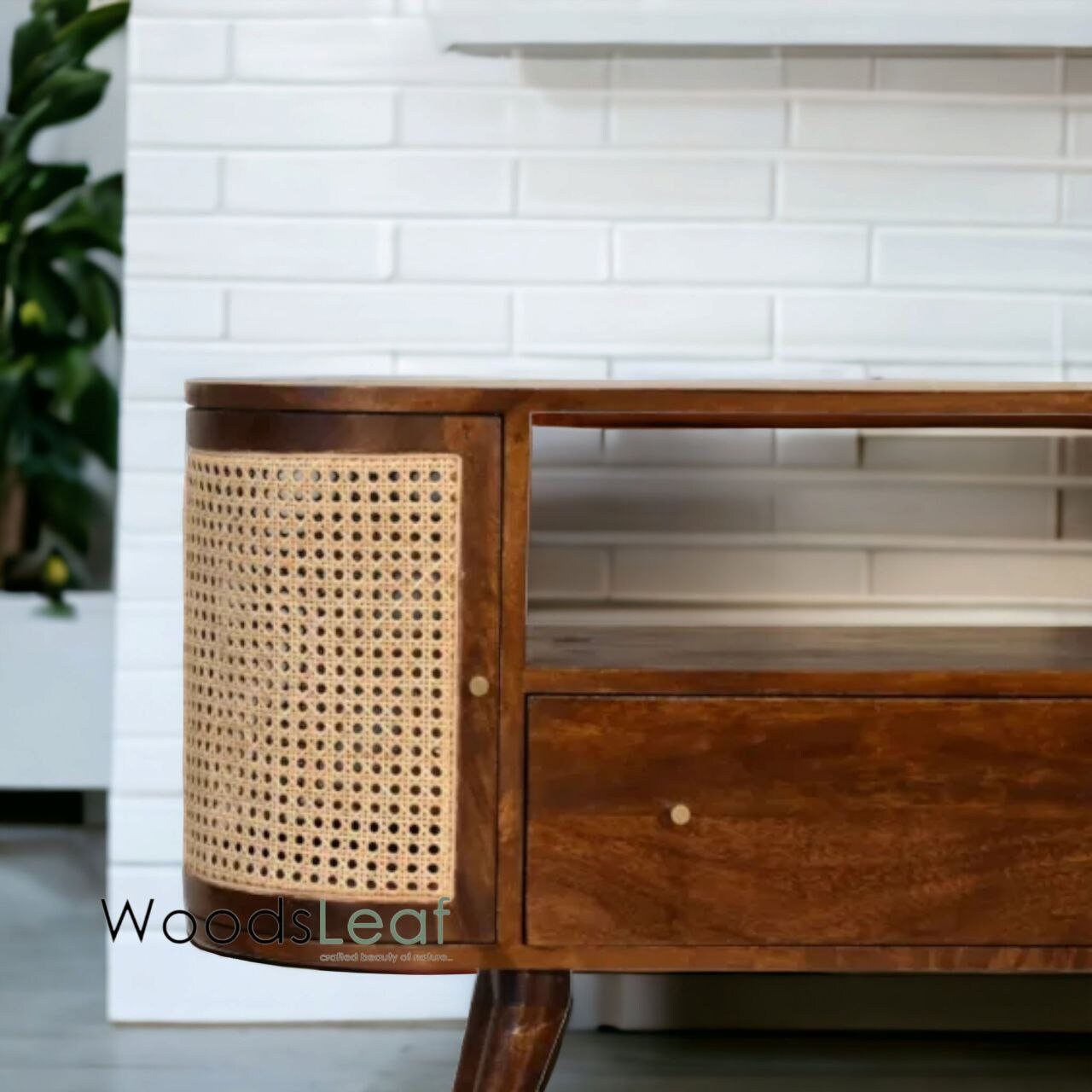 Console de télévision en canne naturelle faite à la main, porte en bois, décoration intérieure en bois de manguier, finition naturelle, meubles indiens/Tvc/unité TV