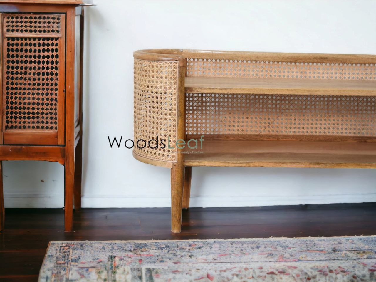 Console de télévision en canne naturelle faite à la main, porte en bois, décoration intérieure en bois de manguier, finition naturelle, meubles indiens/Tvc/unité TV