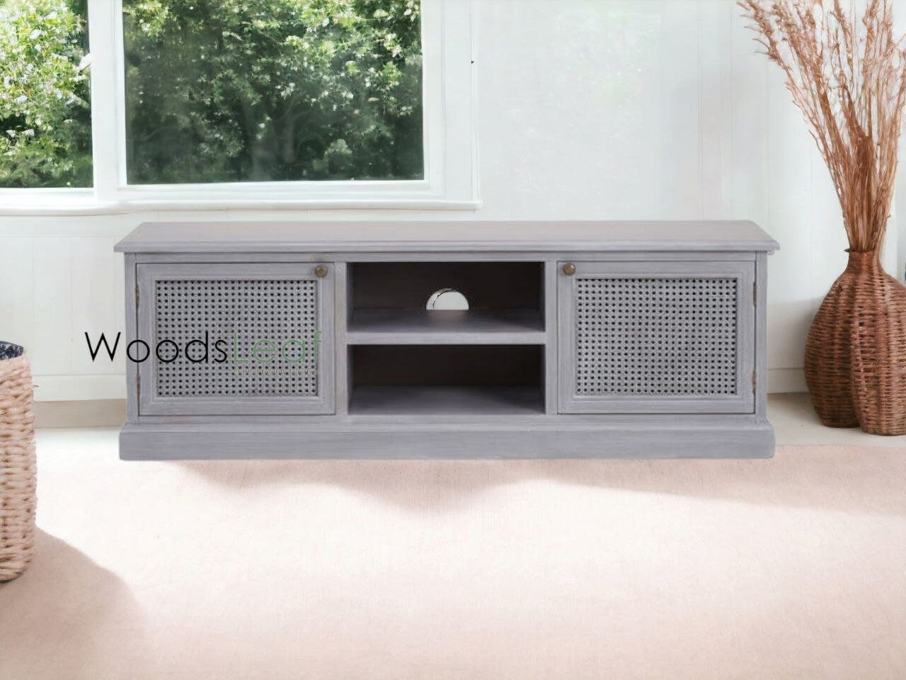 Console de télévision en canne naturelle faite à la main, porte en bois, décoration intérieure, finition grise en bois de manguier, meubles indiens/unité TV