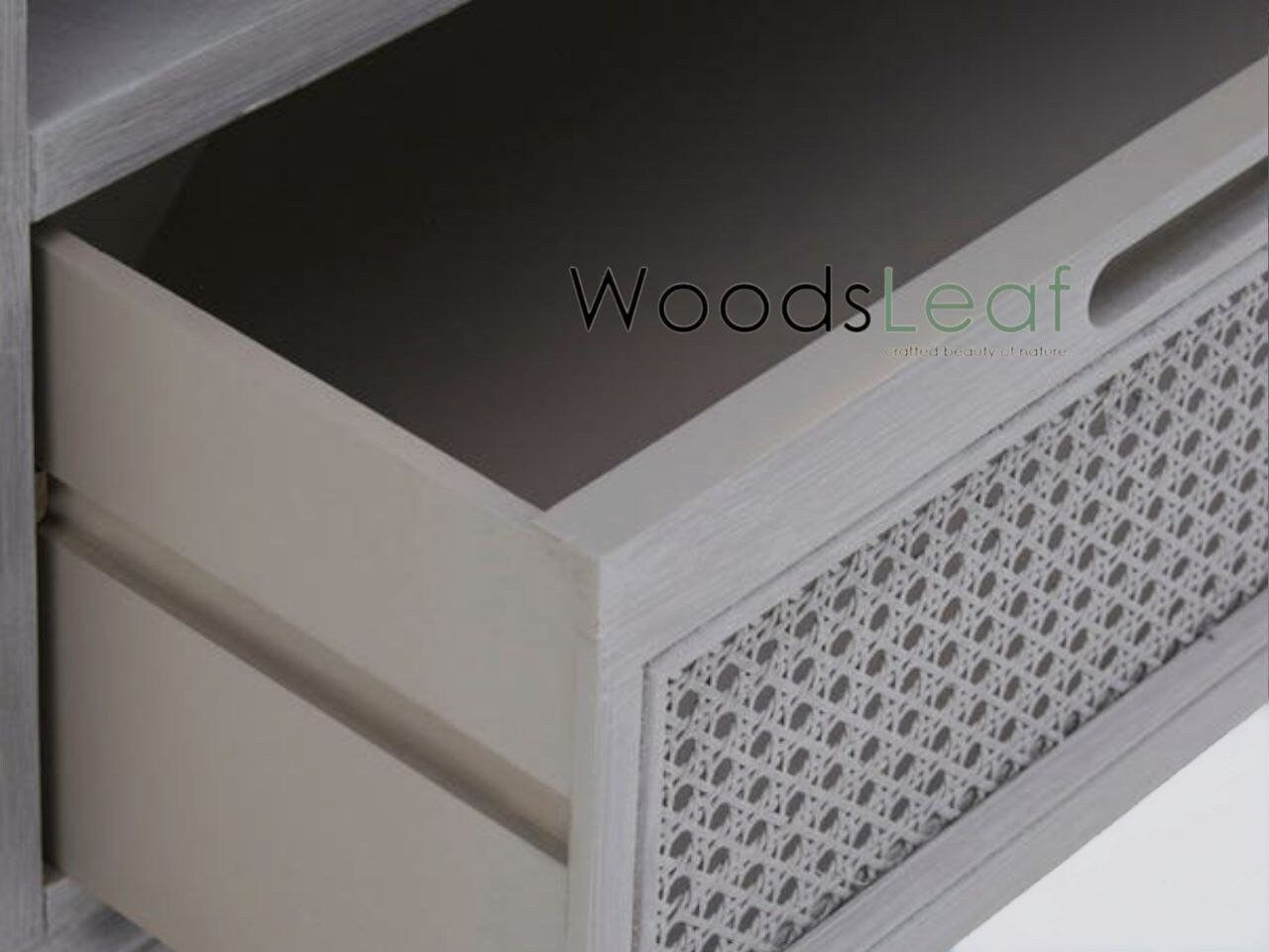 Console de télévision en canne naturelle faite à la main, porte en bois, décoration intérieure, finition grise en bois de manguier, meubles indiens/unité TV