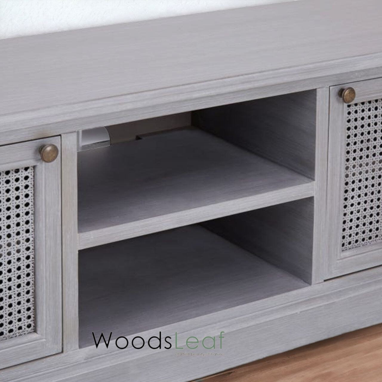 Console de télévision en canne naturelle faite à la main, porte en bois, décoration intérieure, finition grise en bois de manguier, meubles indiens/unité TV
