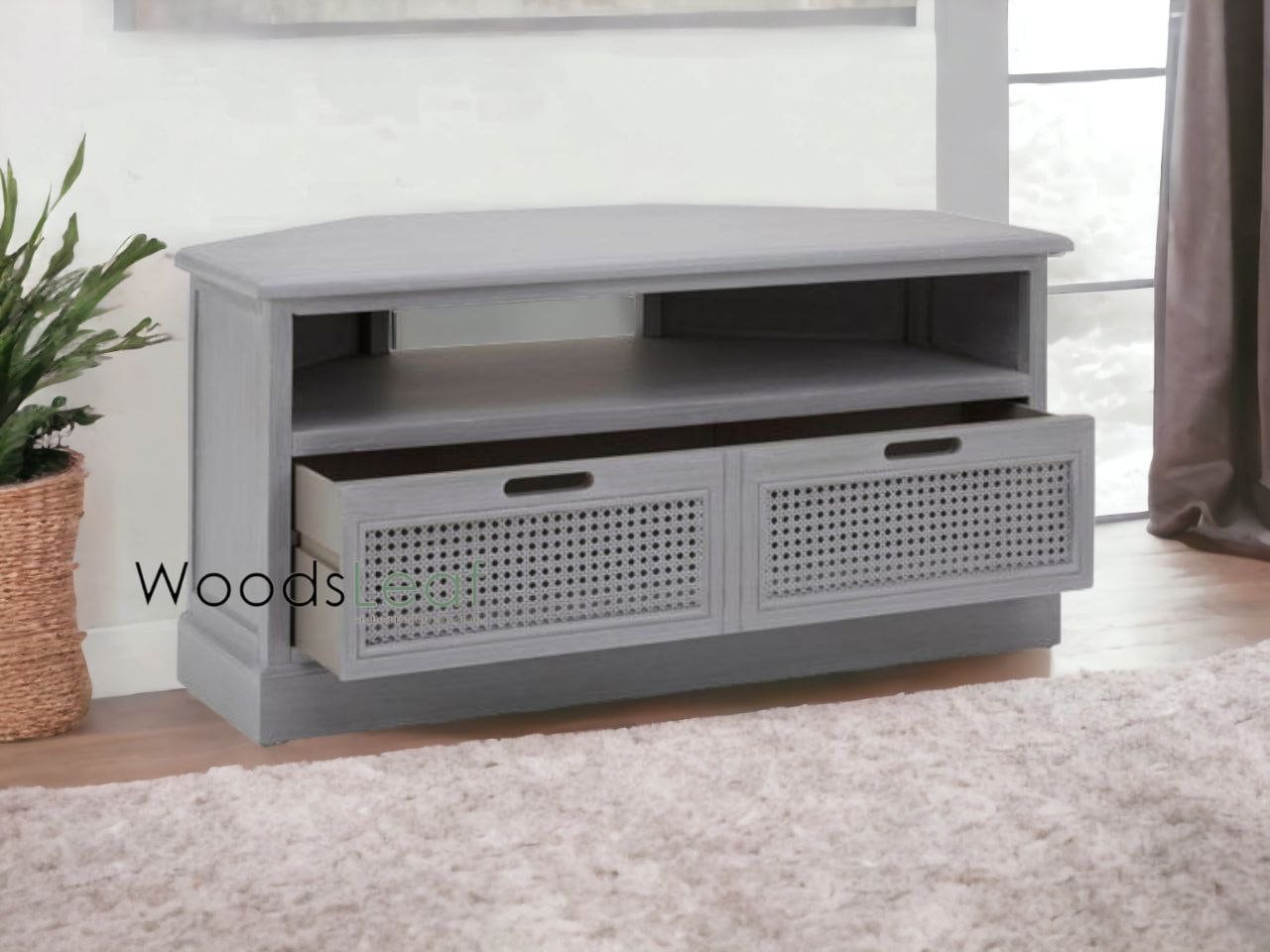 Console de télévision en canne naturelle faite à la main, porte en bois, décoration intérieure, finition grise en bois de manguier, meubles indiens/unité TV
