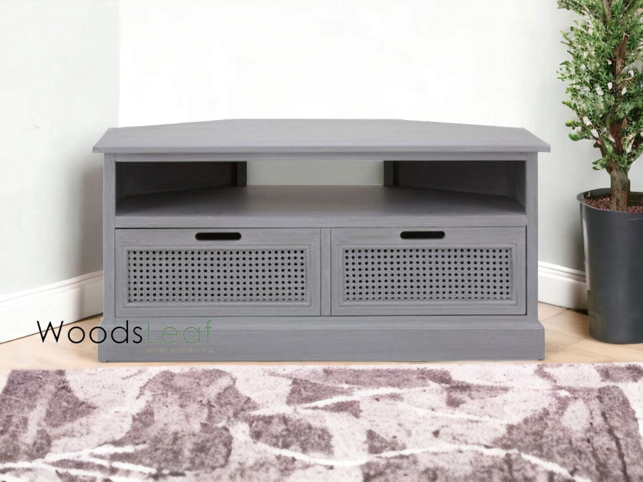 Console de télévision en canne naturelle faite à la main, porte en bois, décoration intérieure, finition grise en bois de manguier, meubles indiens/unité TV