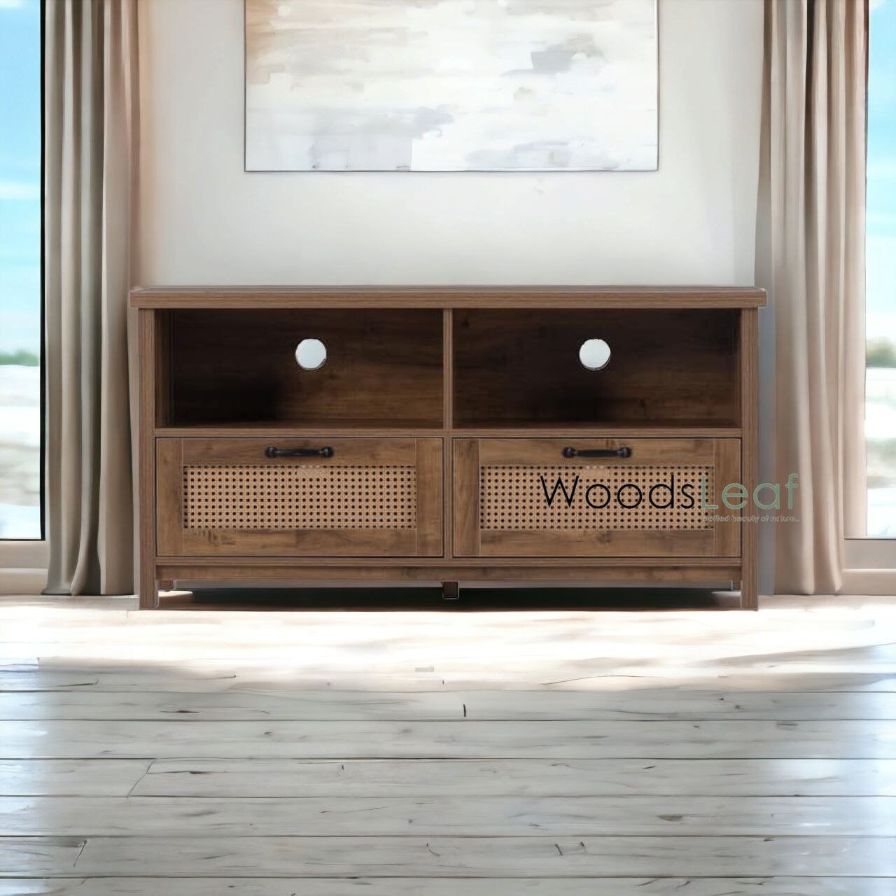 Console de télévision en canne naturelle faite à la main, porte en bois, décoration intérieure en bois de manguier, finition naturelle, meubles indiens/unité TV