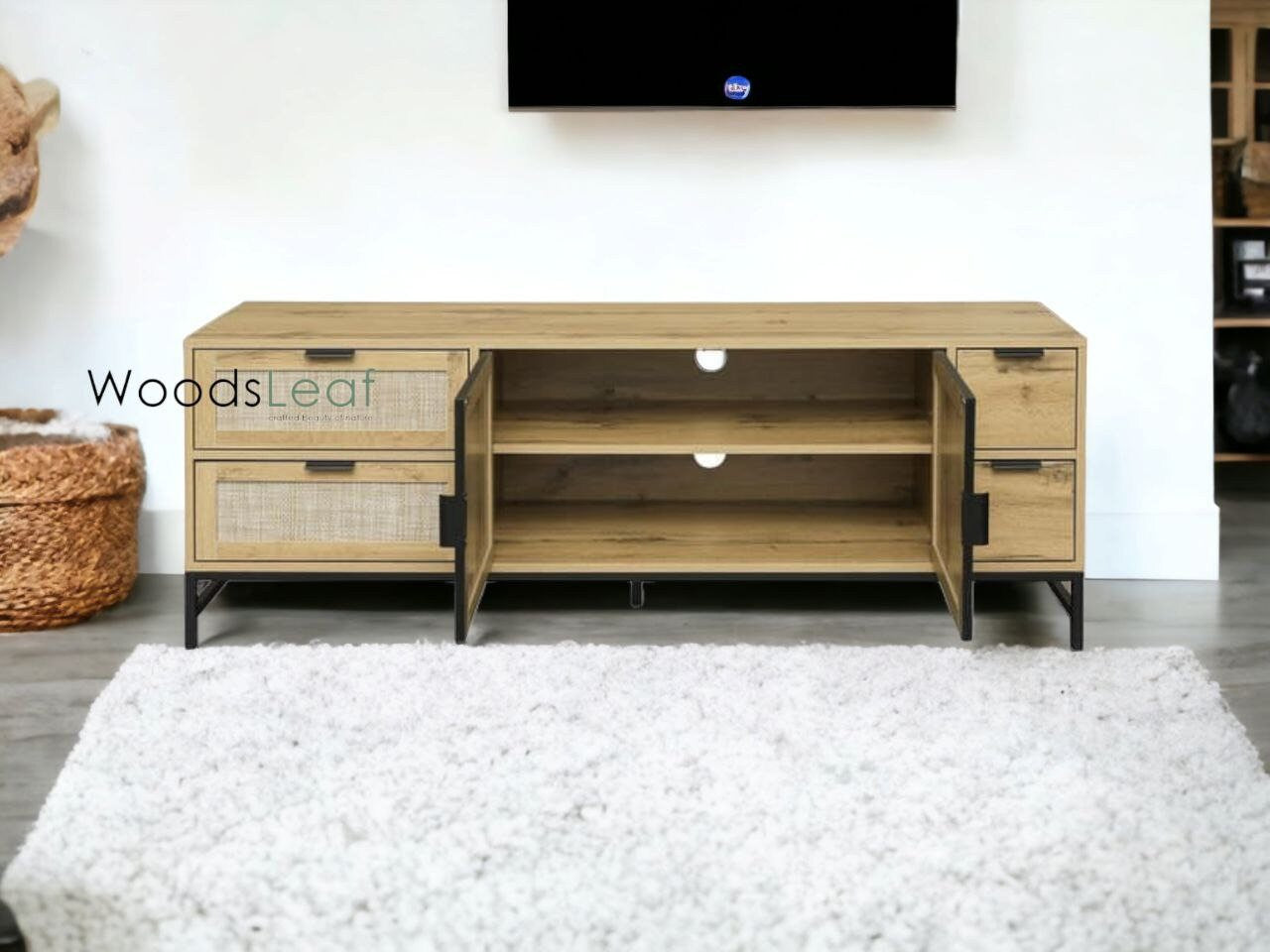 Console de télévision en canne naturelle faite à la main, porte en bois, décoration intérieure en bois de manguier, finition naturelle, meubles indiens/Tvc/unité TV