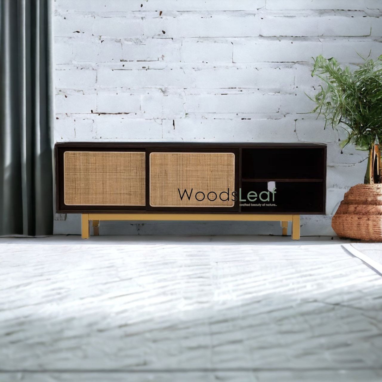 Console de télévision en canne naturelle faite à la main, porte en bois, décoration intérieure, finition en bois de manguier, meubles indiens/unité TV