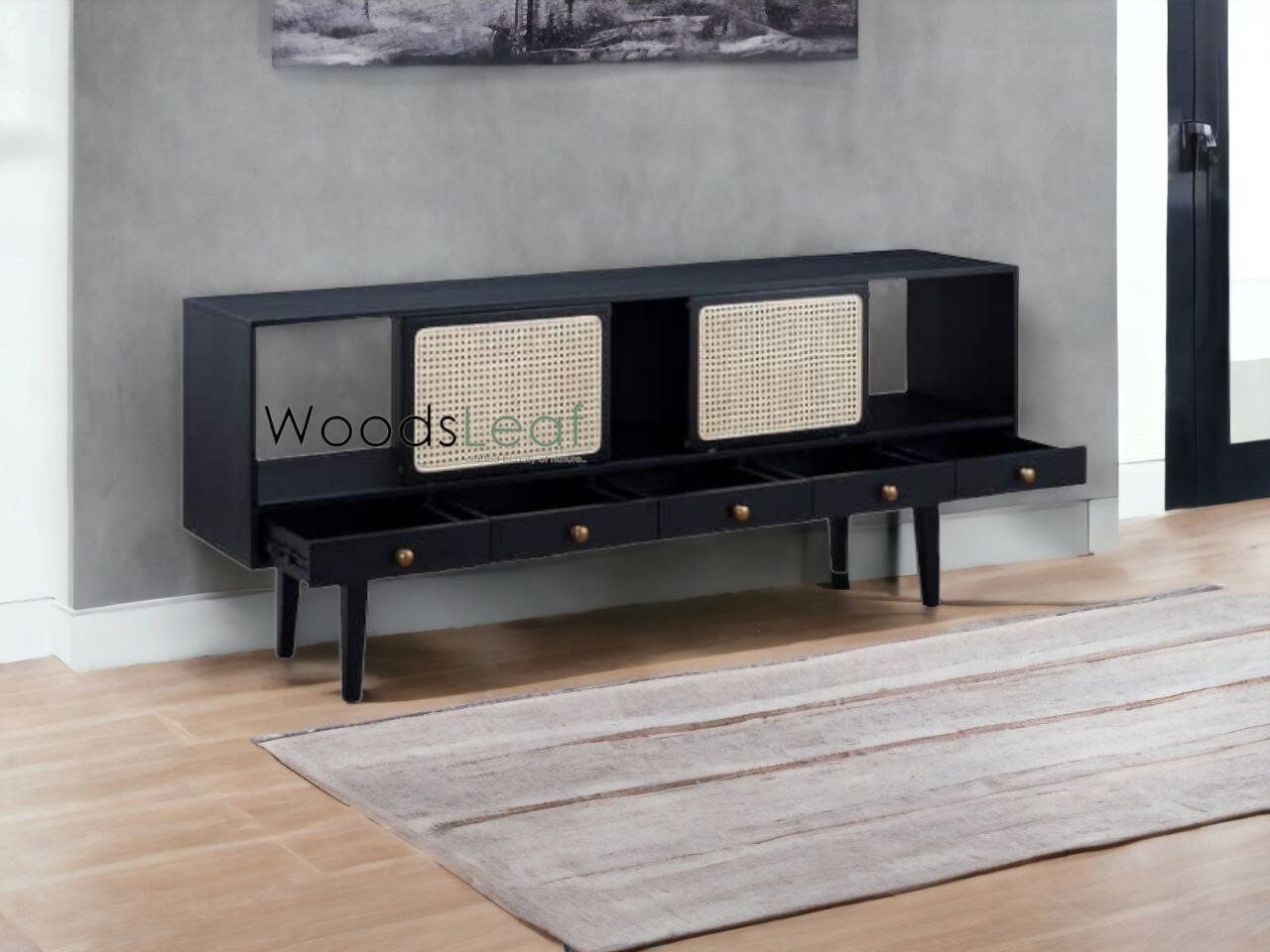 Console de télévision en canne naturelle faite à la main, porte en bois, décoration intérieure en bois de manguier, finition noire, meubles indiens/unité TV