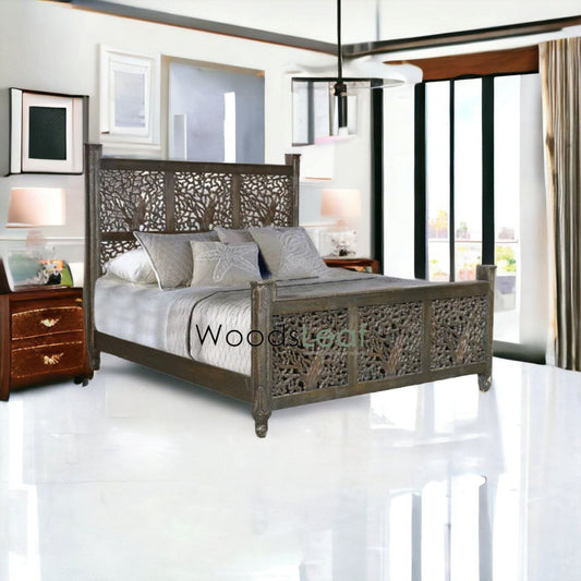 Lit plateforme en bois massif rustique lavé avec tête de lit de style floral | Cadre de lit plateforme en bois sculpté indien