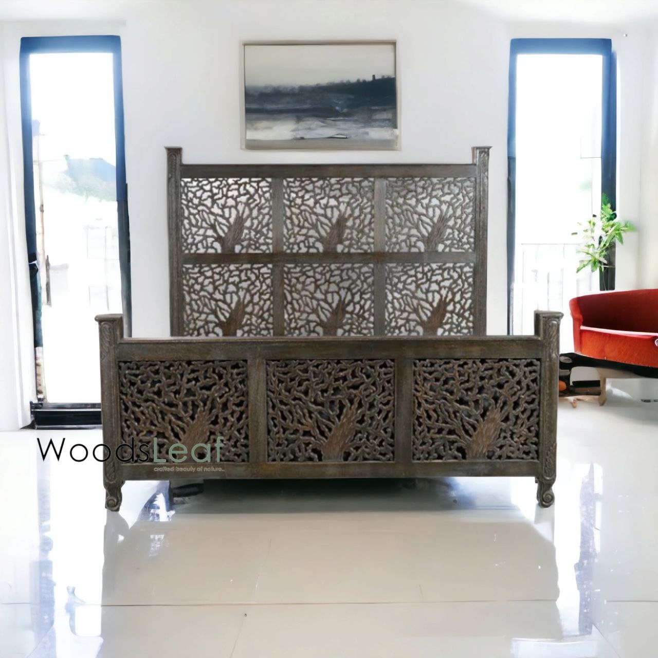 Lit plateforme en bois massif rustique lavé avec tête de lit de style floral | Cadre de lit plateforme en bois sculpté indien