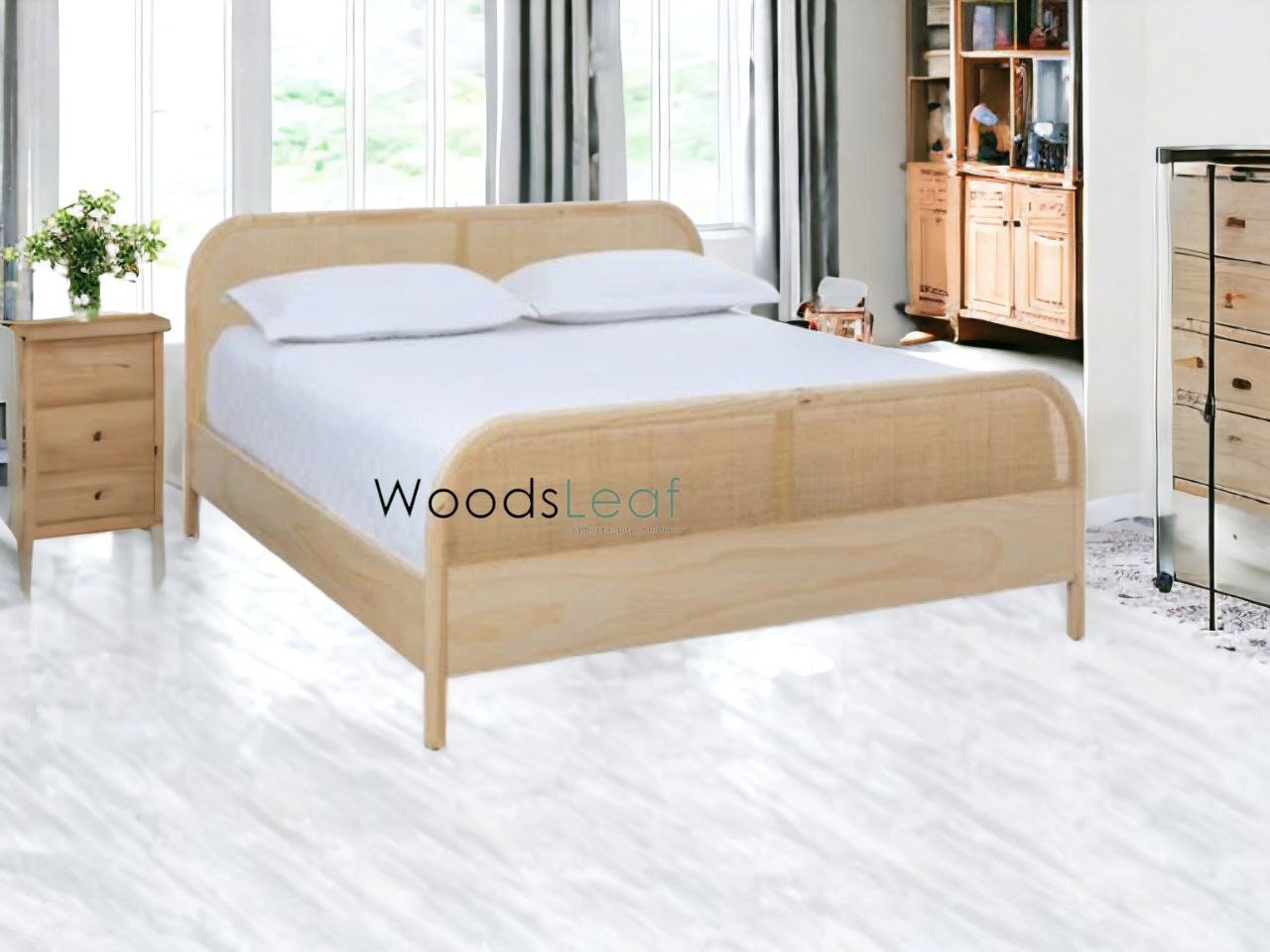Lit en bois massif de canne naturelle fait à la main, lit de décoration intérieure en bois d'extrémité de rotin naturel, meubles de chambre à coucher pour la décoration intérieure