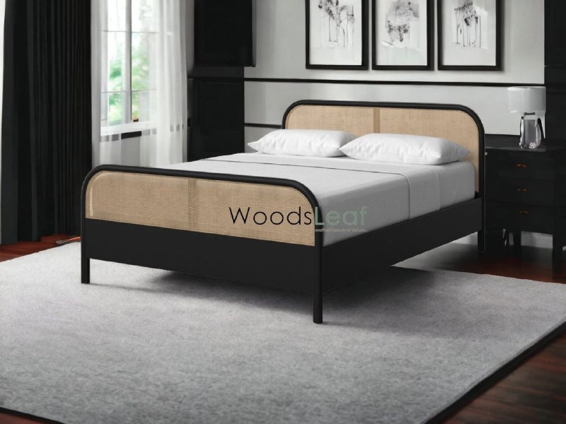 Lit en bois massif de canne naturelle fait à la main, lit de décoration intérieure en bois d'extrémité de rotin naturel, meubles de chambre à coucher pour la décoration intérieure