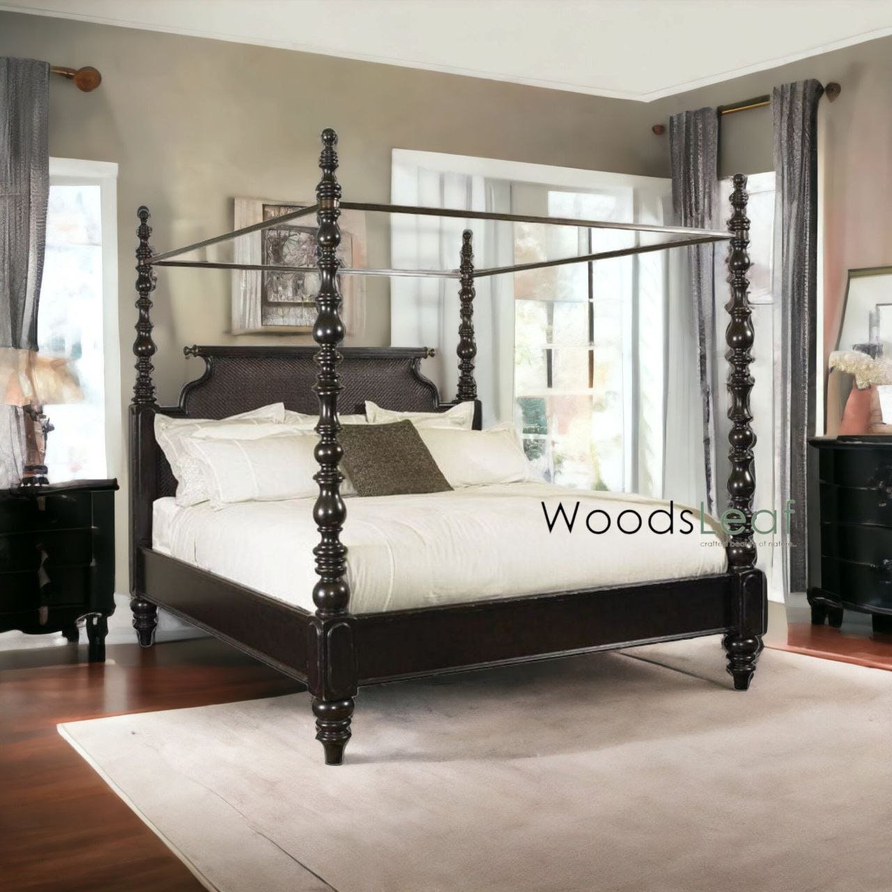 Lit plateforme en bois massif rustique lavé avec tête de lit de style floral | Cadre de lit à plateforme en bois sculpté indien, lit à poteaux sculpté