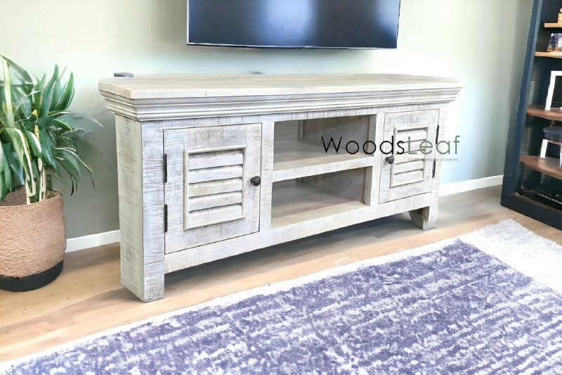 Handgefertigte Unterhaltungseinheit, Aufbewahrungseinheiten, Distressed-Finish aus indischem Massivholz, Wohnzimmer-Schlafzimmermöbel, Hand-TV-Einheit
