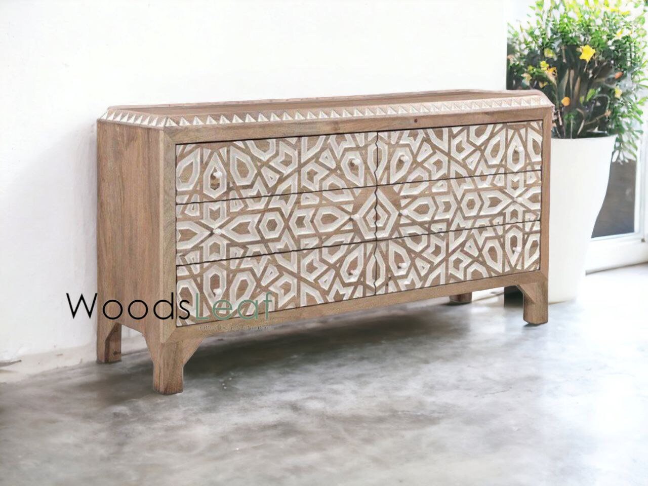 Buffet sculpté à la main, unités de rangement d’armoire, bois massif indien naturel, lavage blanc, meubles de chambre à coucher de salon, buffet sculpté à la main