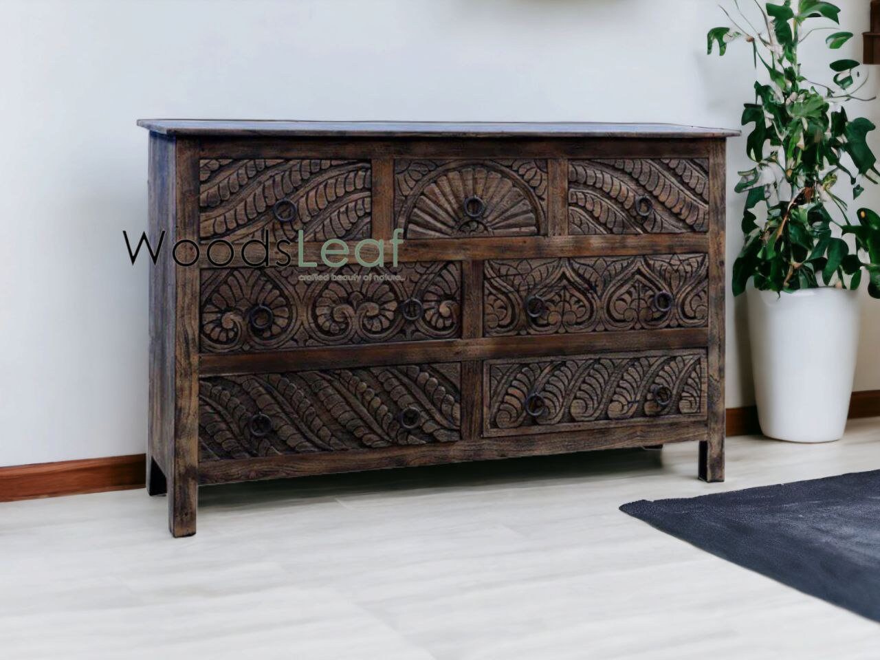 Handgeschnitztes Sideboard, Schrankaufbewahrungseinheiten, Used-Look, Wohnzimmer-Schlafzimmermöbel, handgeschnitztes Sideboard mit 7 Schubladen