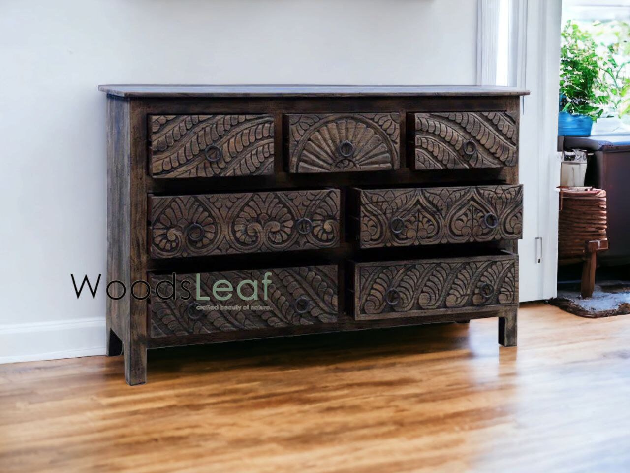 Handgeschnitztes Sideboard, Schrankaufbewahrungseinheiten, Used-Look, Wohnzimmer-Schlafzimmermöbel, handgeschnitztes Sideboard mit 7 Schubladen