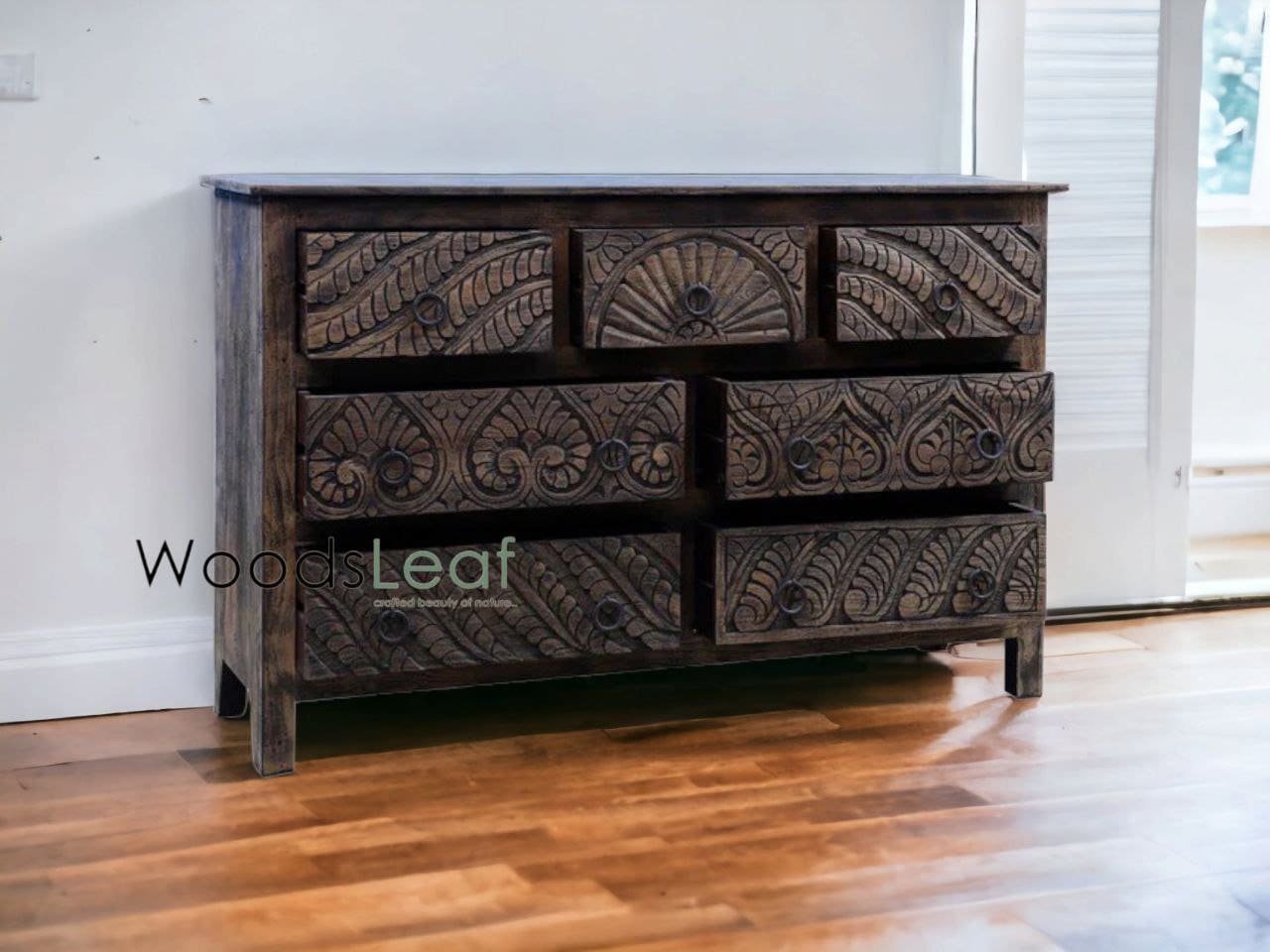Handgeschnitztes Sideboard, Schrankaufbewahrungseinheiten, Used-Look, Wohnzimmer-Schlafzimmermöbel, handgeschnitztes Sideboard mit 7 Schubladen