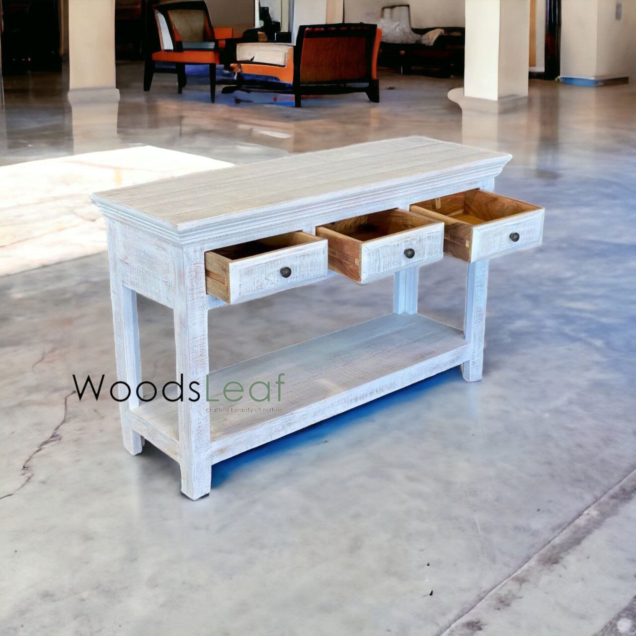 Console rustique en bois/Console indienne sculptée/Décor d’entrée complexe/Table console blanche en détresse