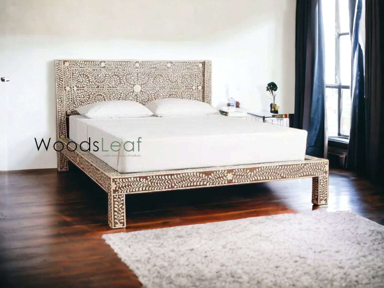 Incrustation d'os faite à la main, beau lit, Look King et Queen Size, tête de lit moderne à motif Floral, meubles de tête de lit