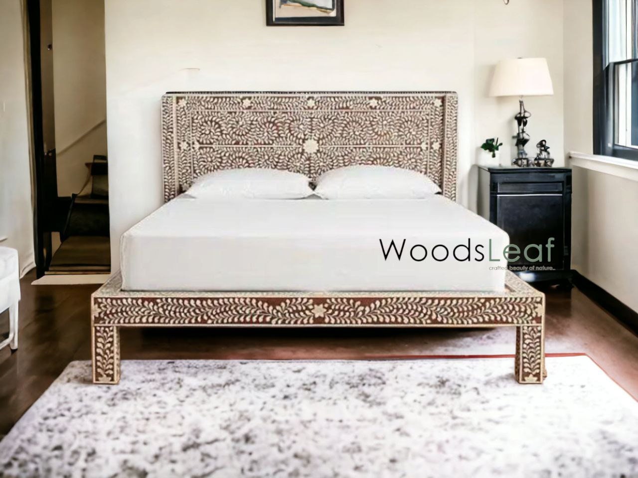 Incrustation d'os faite à la main, beau lit, Look King et Queen Size, tête de lit moderne à motif Floral, meubles de tête de lit