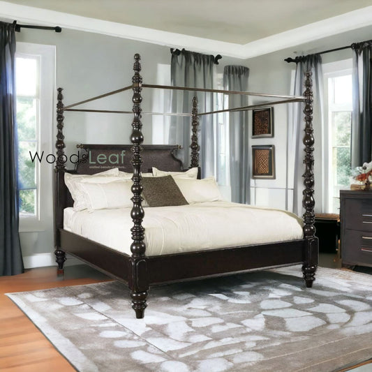 Lit plateforme en bois massif rustique lavé avec tête de lit de style floral | Cadre de lit à plateforme en bois sculpté indien, lit à poteaux sculpté