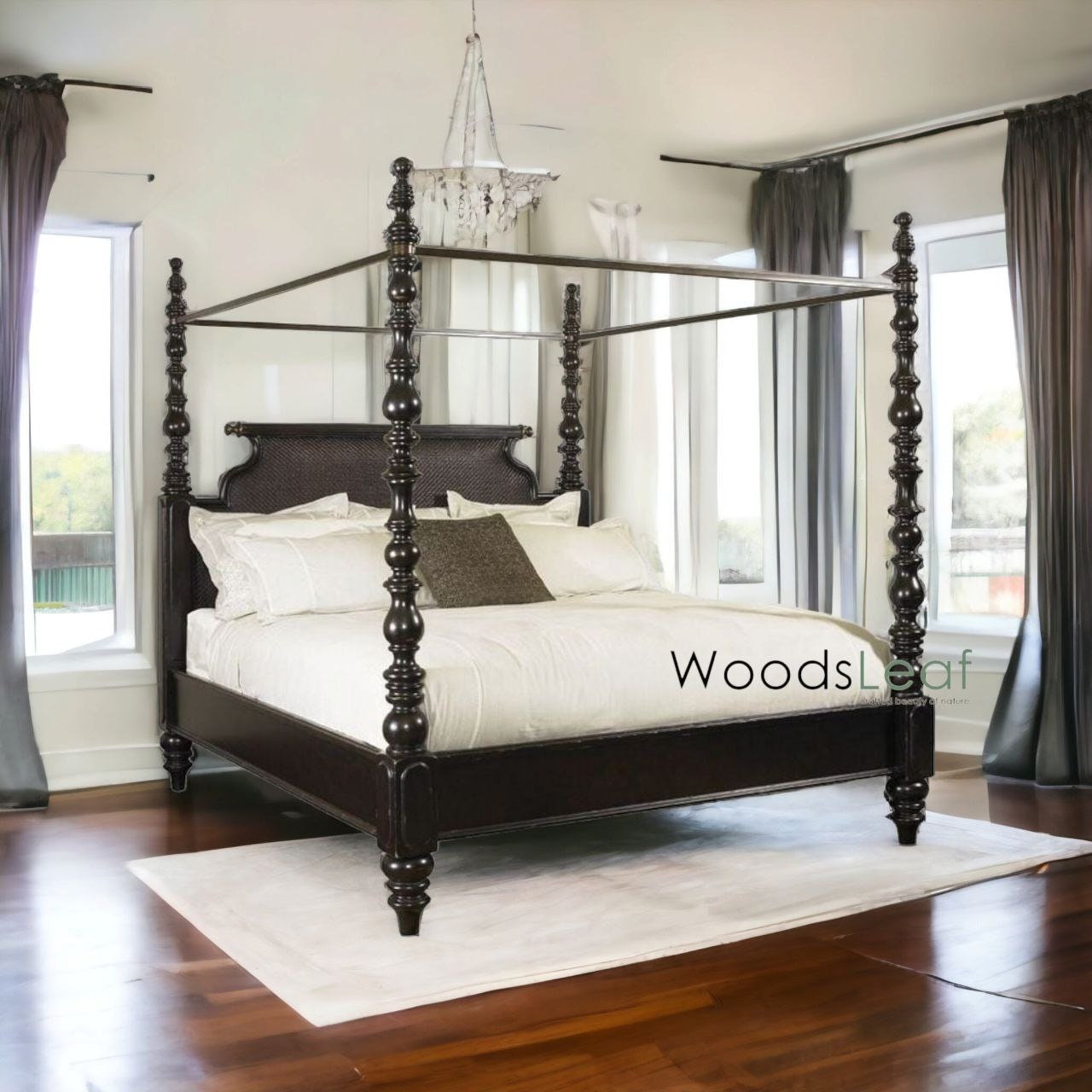Lit plateforme en bois massif rustique lavé avec tête de lit de style floral | Cadre de lit à plateforme en bois sculpté indien, lit à poteaux sculpté
