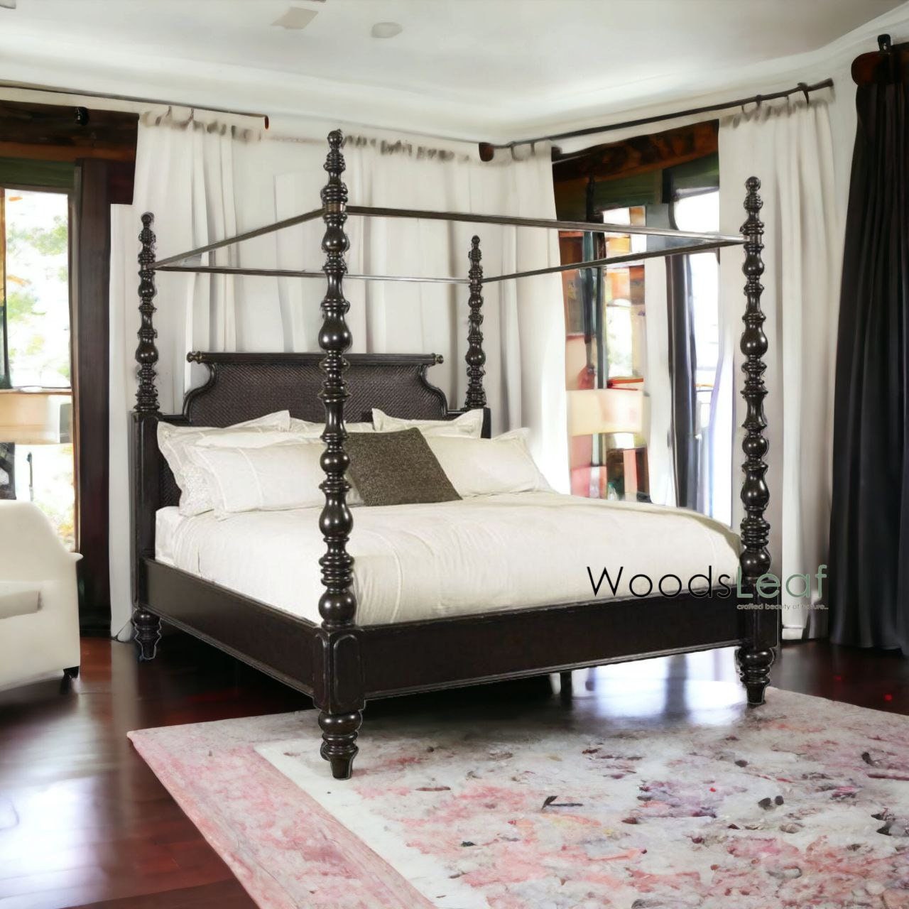 Lit plateforme en bois massif rustique lavé avec tête de lit de style floral | Cadre de lit à plateforme en bois sculpté indien, lit à poteaux sculpté