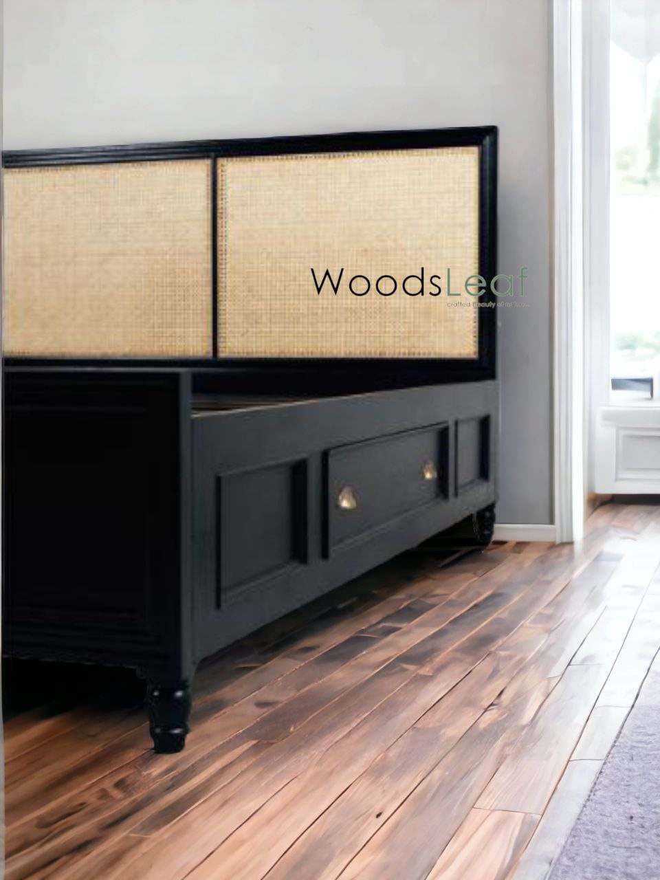 Lit en bois massif de canne naturelle fait à la main, lit de décoration intérieure en bois d'extrémité de rotin naturel, meubles de chambre à coucher pour la décoration intérieure