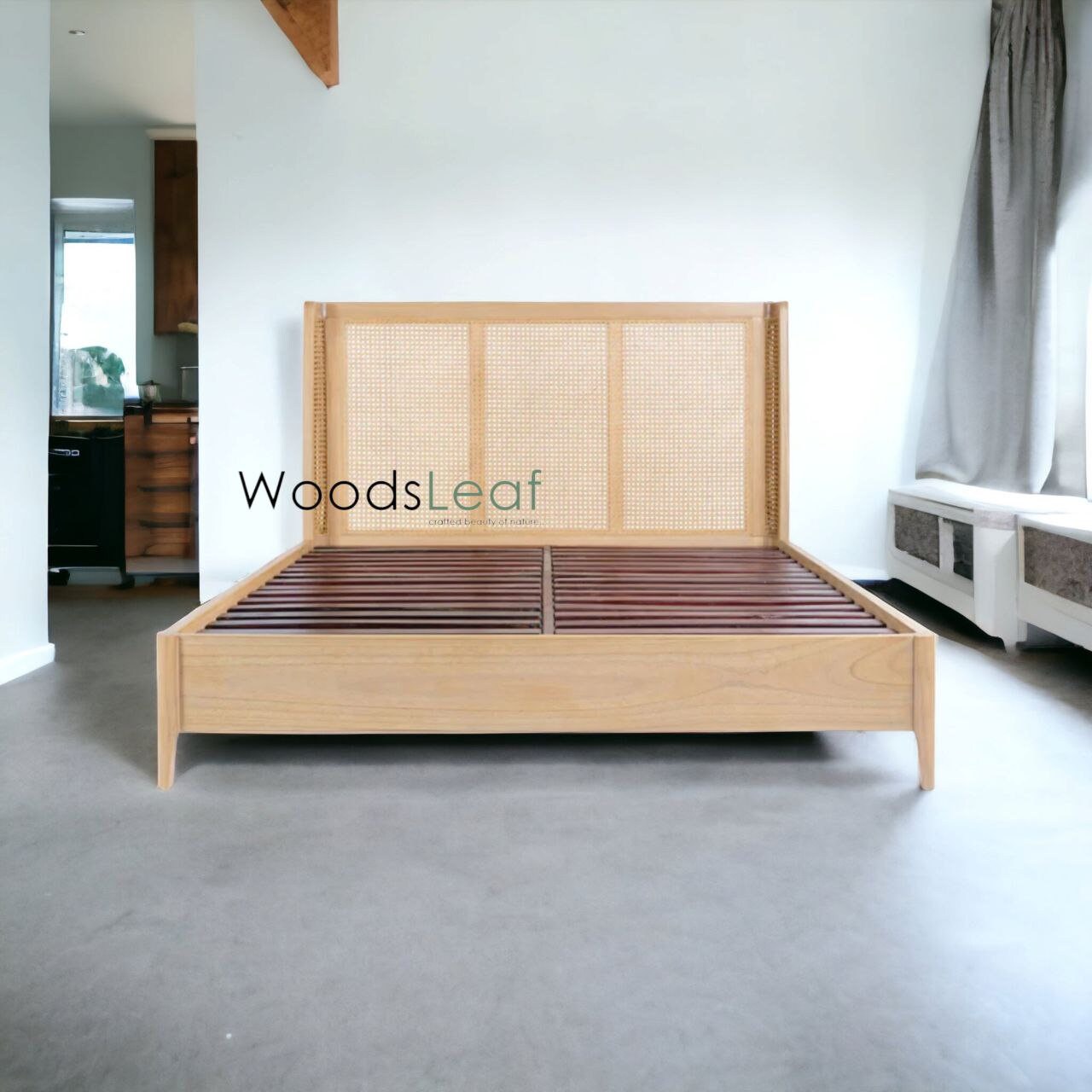 Lit en bois massif de canne naturelle fait à la main, lit de décoration intérieure en bois d'extrémité de rotin naturel, meubles de chambre à coucher pour la décoration intérieure
