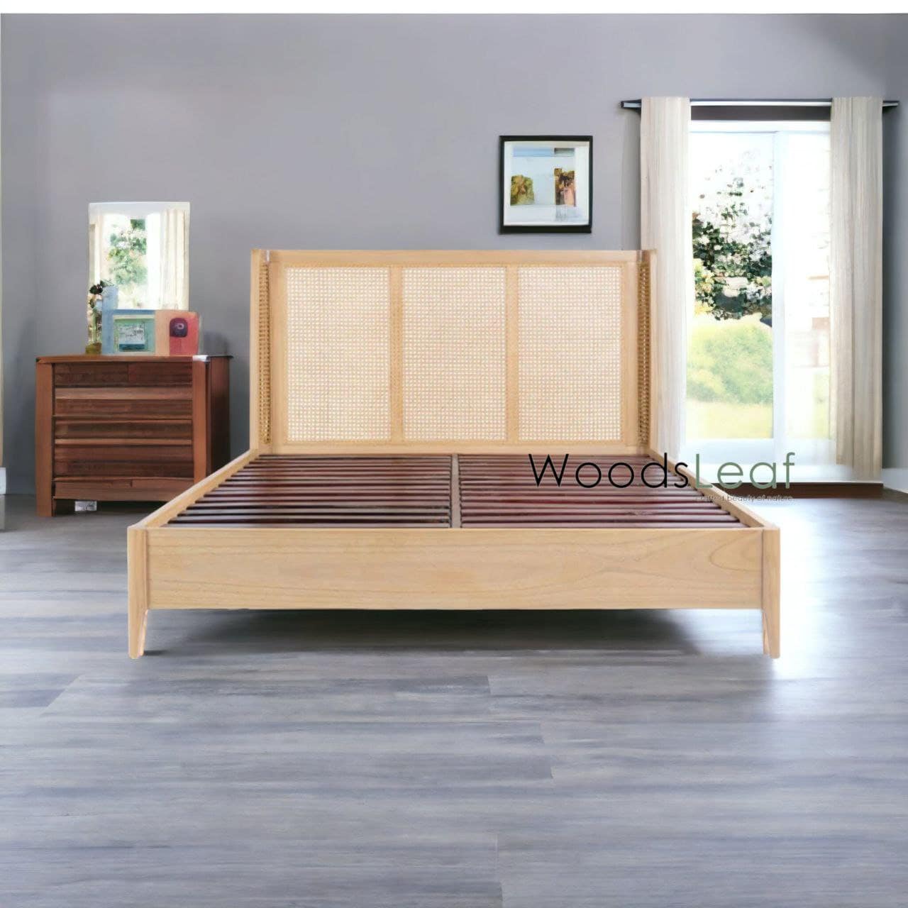 Lit en bois massif de canne naturelle fait à la main, lit de décoration intérieure en bois d'extrémité de rotin naturel, meubles de chambre à coucher pour la décoration intérieure