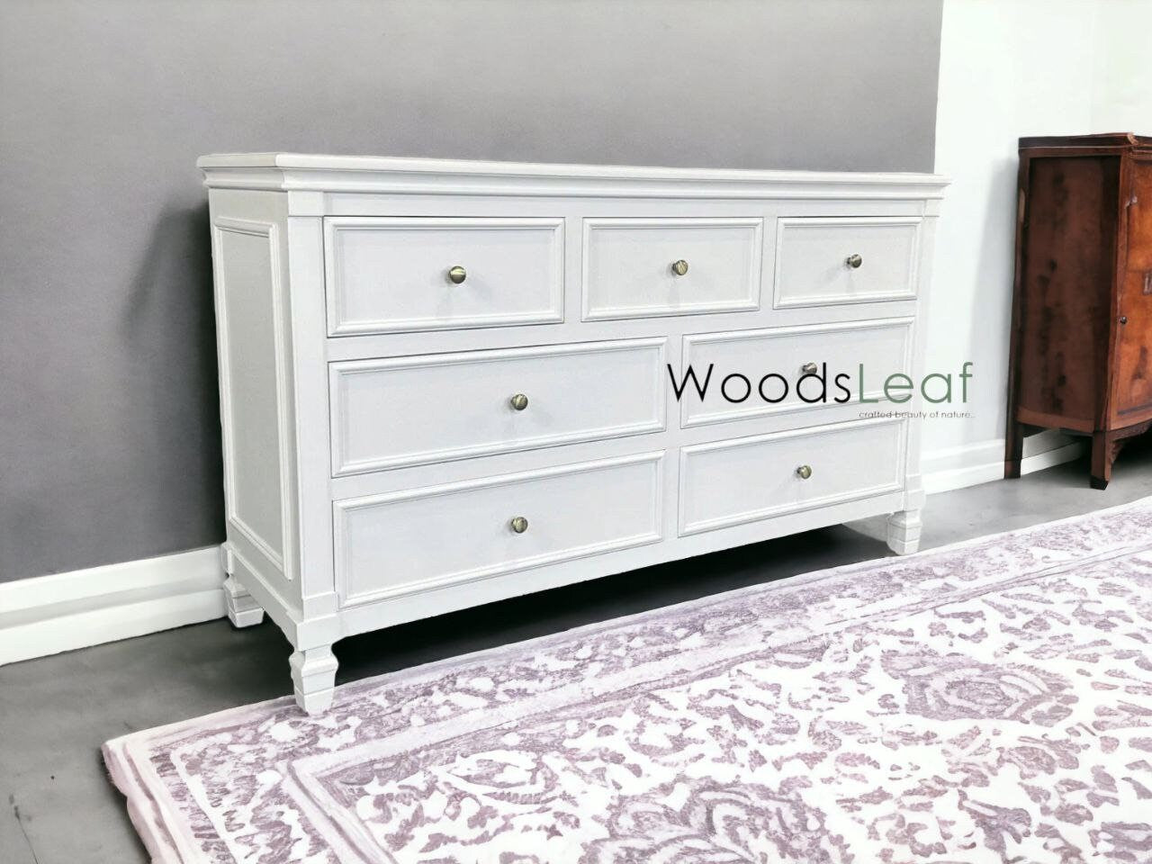 Coffre indien en bois de mangue fait à la main de 7 tiroirs, unités de rangement d'armoire, finition blanche en bois massif indien, meubles de salon